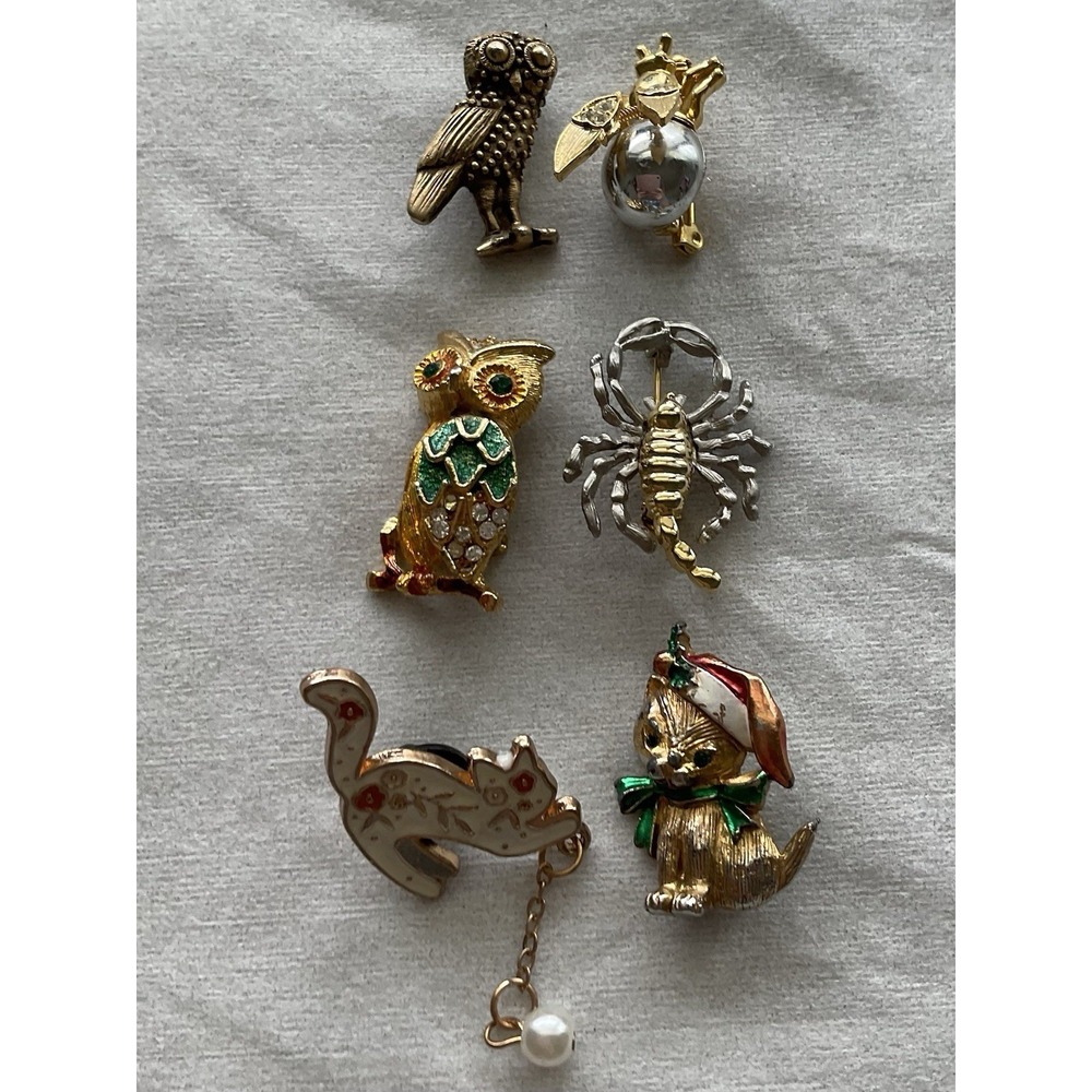 Vintage Lot Of 6 Brooch Pins Cat Owl Lobster Insect Estate Jewelry Small Dainty